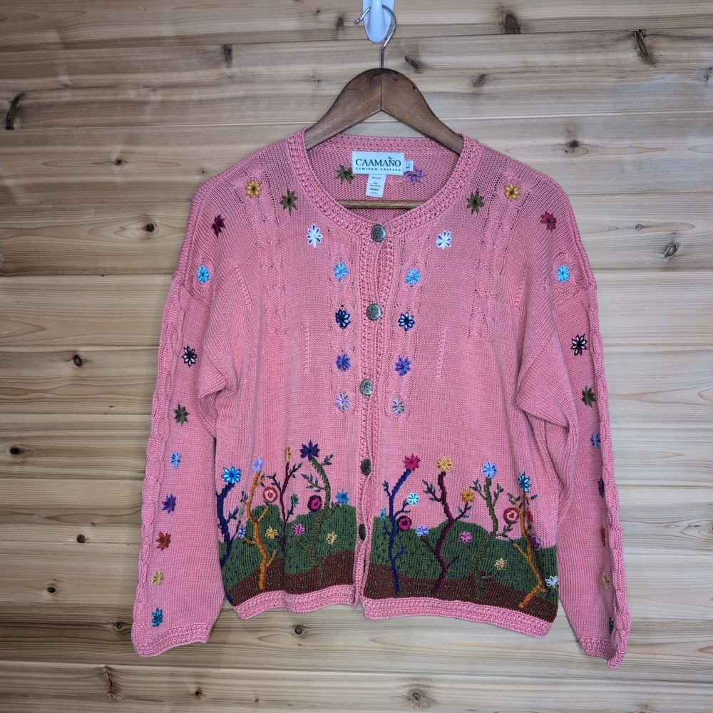 Vintage‎ Caamano Pink Handknit Pima Cotton Floral Garden Cardigan Large